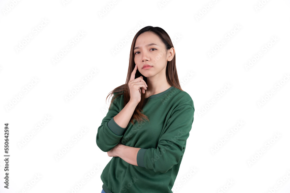 Woman over isolated on white background thinking about question, pensive expression. Girl with thoughtful face. Doubt concept. Woman over isolated on white background thinking about question, pensive expression. Girl with thoughtful face. Doubt concept.