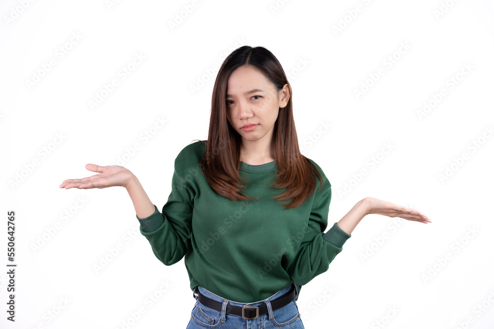 Young asian woman, professional entrepreneur standing in office, smiling and looking confident, white background