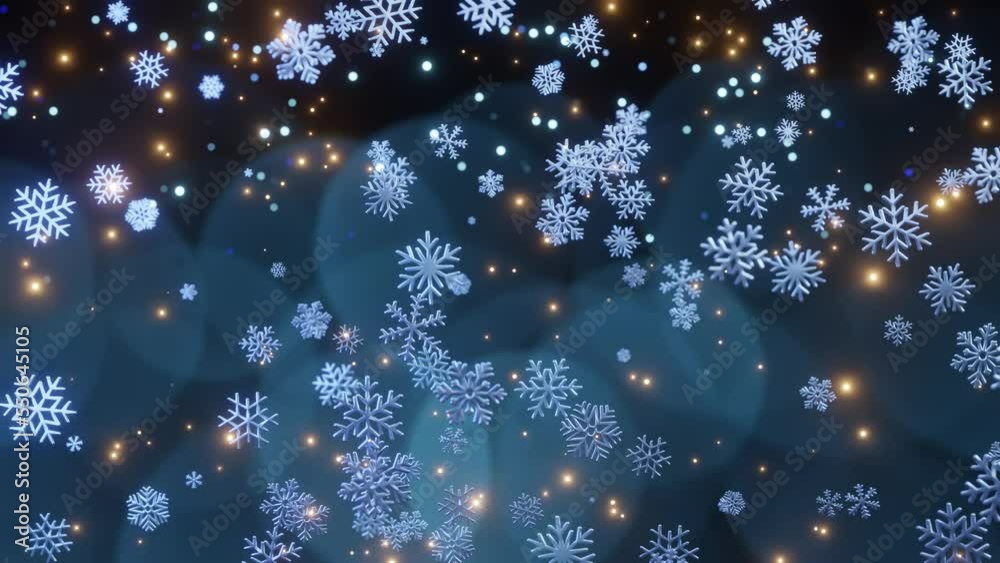 Christmas snowflakes with lights and particles falling on blue bokeh background. gold lights dust motion.Winter, Christmas, New Years, Holidays concept. 4k resolution