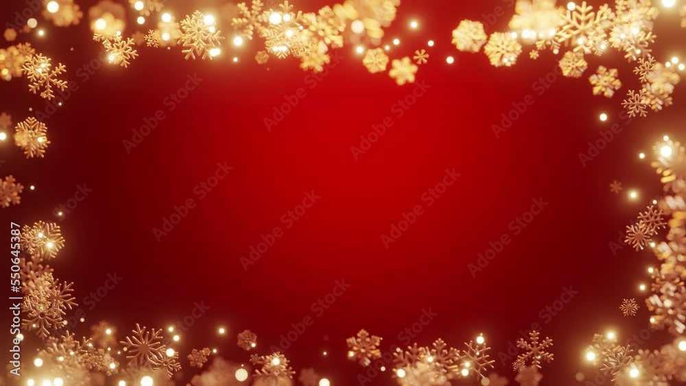 Christmas gold snowflakes frame with lights and particles on red background. Particles glowing flicker.4k Resolution.New Years, Holidays concept. Christmas gold snowflakes frame with lights and particles on red background. Particles glowing flicker.4k Resolution.New Years, Holidays concept.