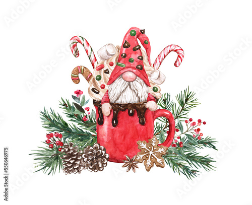 Christmas gnome and red mug with hot chocolate. Scandinavian elf in a cup of cocoa. Winter-themed holiday illustration. photo