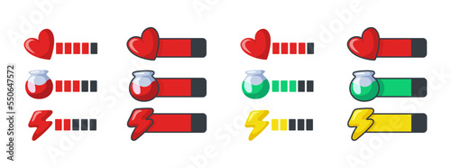 Health, Mana, Energy. Big set. Mana bar, energy bar, life bar. Scale for video game. Video game interface elements. Vector clipart isolated on grey background.