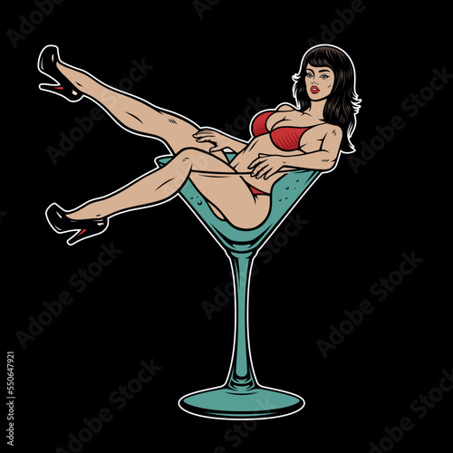 Vintage vector illustration pin up girl in wineglass