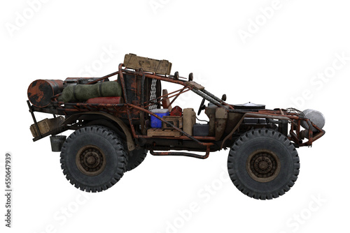 Rusty old off road car made from scrap parts in a post apocalyptic fantasy world. 3D rendering isolated.