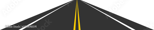 Perspective view of road going far away. Empty highway with marking stretching into distance. Travelling, trip, forward movement, future concept. Vector flat illustration