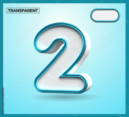 3D render number 2 blue white transparent