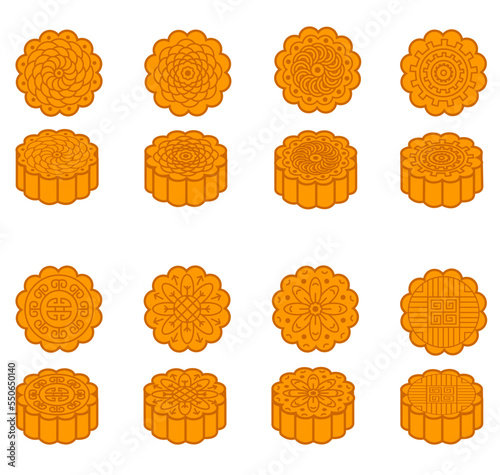 Set of mooncakes with Asian oriental ornaments. Mid-Autumn Festival moon cake. Vector illustration
