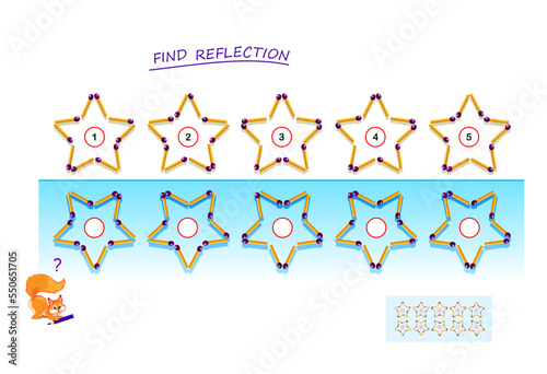 Logic puzzle game for children and adults. Need to find correct reflection for each matchstick star. Printable page for brain teaser book. Developing kids spatial thinking. Vector cartoon image.