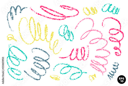 Wavy and swirled wax crayon strokes vector element set. Colorful freehand scribbles, abstract brushstrokes, smears, lines, squiggle pattern. Hand-drawn components collection. photo
