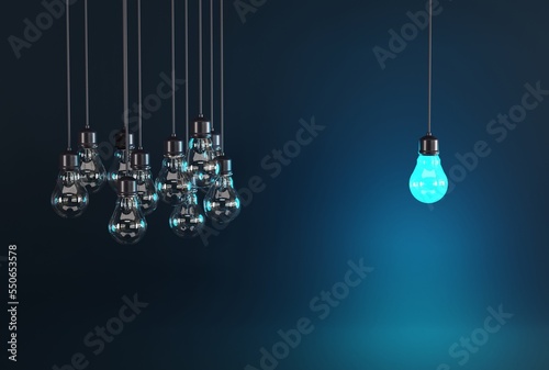 One light bulb on the background of many extinguished light bulbs. Business concept, idea discovery, idea. Brainstorming, and teamwork. 3D render, 3D illustration.