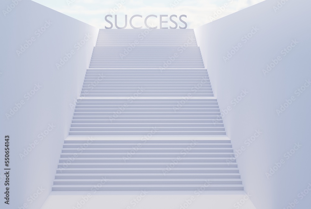 Fototapeta premium Stairs with the word SUCCESS on top. The concept of achieving success after climbing, business and finance, social issues. 3D render, 3D illustration.