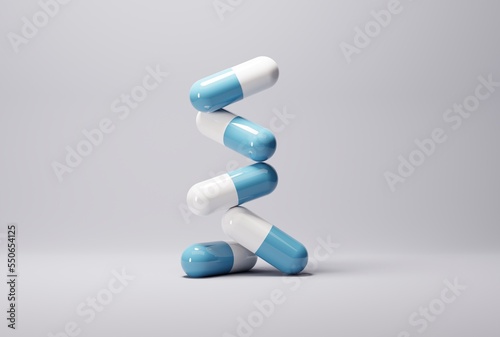 Tablets, blue capsules on a light background. Treatment, medical and pharmaceutical concept. Treating sick people, taking care of patients. 3D render, 3D illustration.