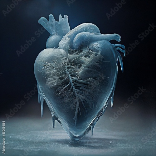 Frozen heart made of ice, anatomically correct ice heart, generated art photo