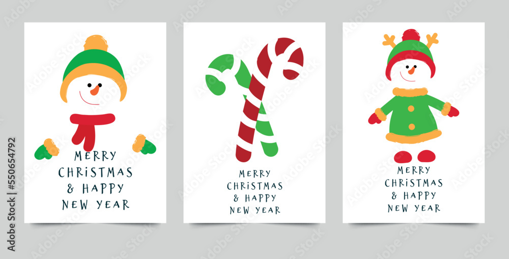 Set of hand-drawn postcards. merry christmas and new year