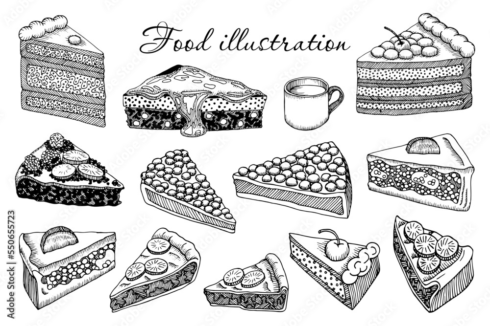A set of sketches of cakes, food, cheesecakes. Collection of sweet dishes, desserts. Hand drawn vector illustration of sweets. Cake slices outline isolated from background