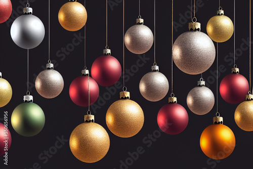 Balls red, white, yellow, green hanging, Christmas decorations, balls, near. Black background
