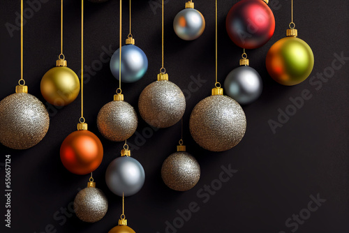Realistic red, white, yellow balls. Christmas decorations, balls white hanging. Black background