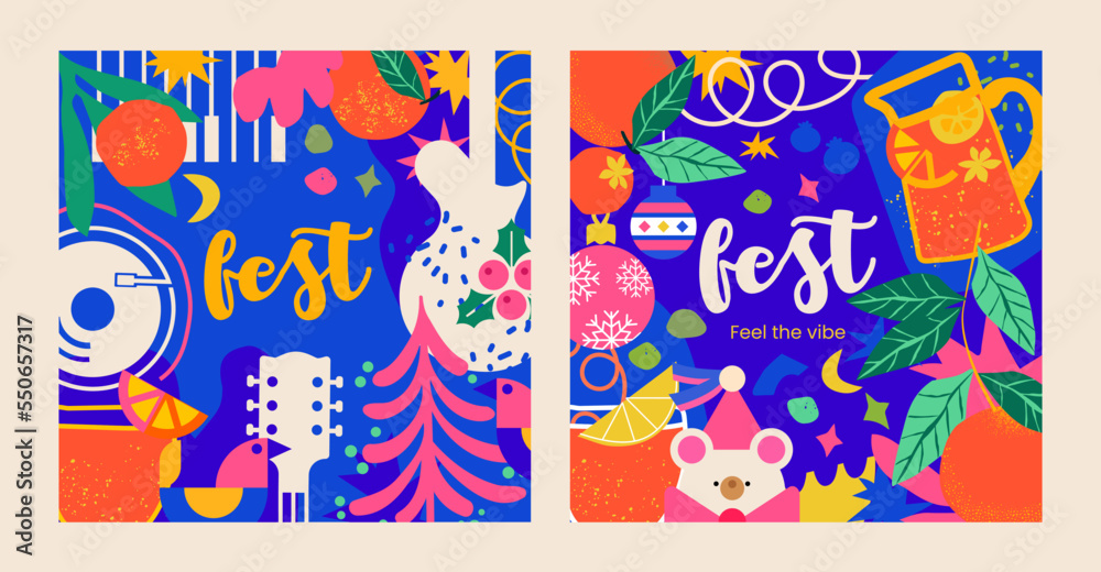 2 templates for a winter festival with a cute bear and festive elements. This bright, Christmas design is sure to fill your project with New Year's spirit!