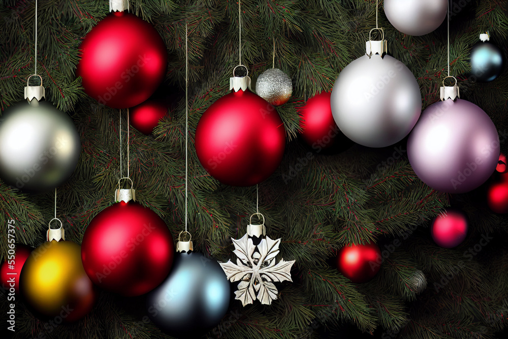 Red, white, yellow balls hanging, Christmas decorations, balls, garland, near. Black background