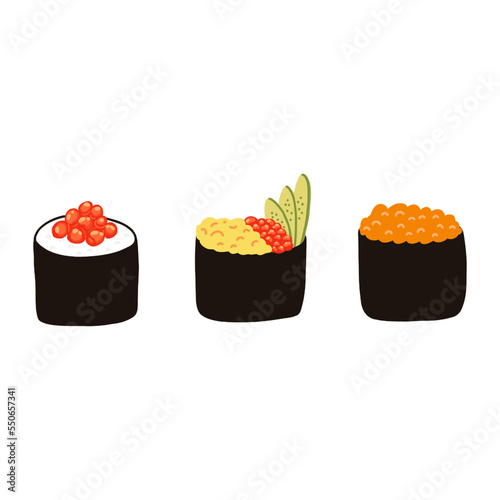 Gunkan sushi set with red caviar in cartoon flat style. Hand drawn Japanese traditional cuisine