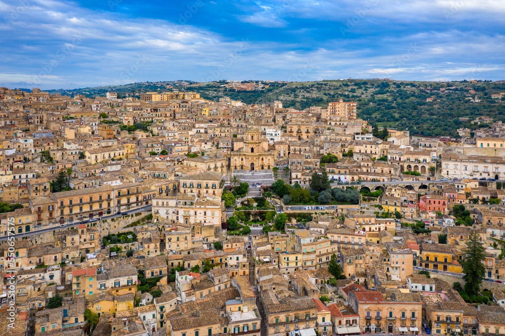 Aerial view of Modica, Sicily, Italy. Modica (Ragusa Province), view of the baroque town. Sicily, Italy. Ancient city Modica from above, Sicily, Italy