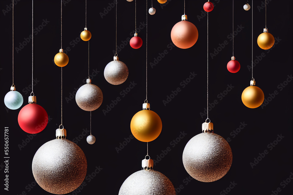 Christmas ornaments, red, white, yellow balls hanging. New year celebration and decorations. Black background Christmas ornaments, red, white, yellow balls hanging. New year celebration and decorations. Black background