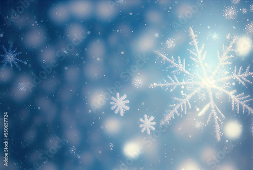 Blurry background of snowflakes with bokeh. Perfect for cards, posters and more. 