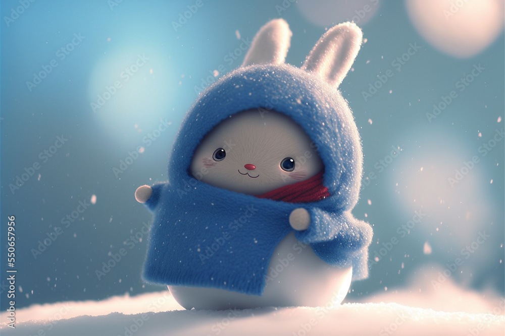  cute little bunny in pastel colored winter clothes in winter forest, christmas mood