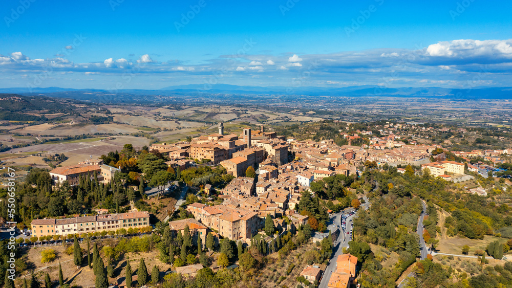 Village of Montepulciano with wonderful architecture and houses. A beautiful old town in Tuscany, Italy. Aerial view of the medieval town of Montepulciano, Italy