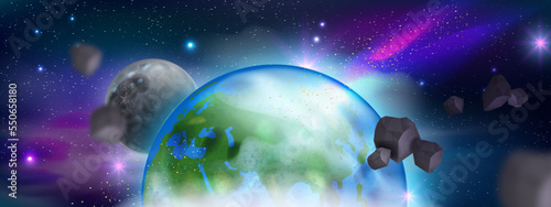 Space Earth cosmic rocks background, alien planets, vector galaxy universe cartoon game banner. Fantasy neon astronomy illustration, purple futuristic wallpaper, night sky. Space background