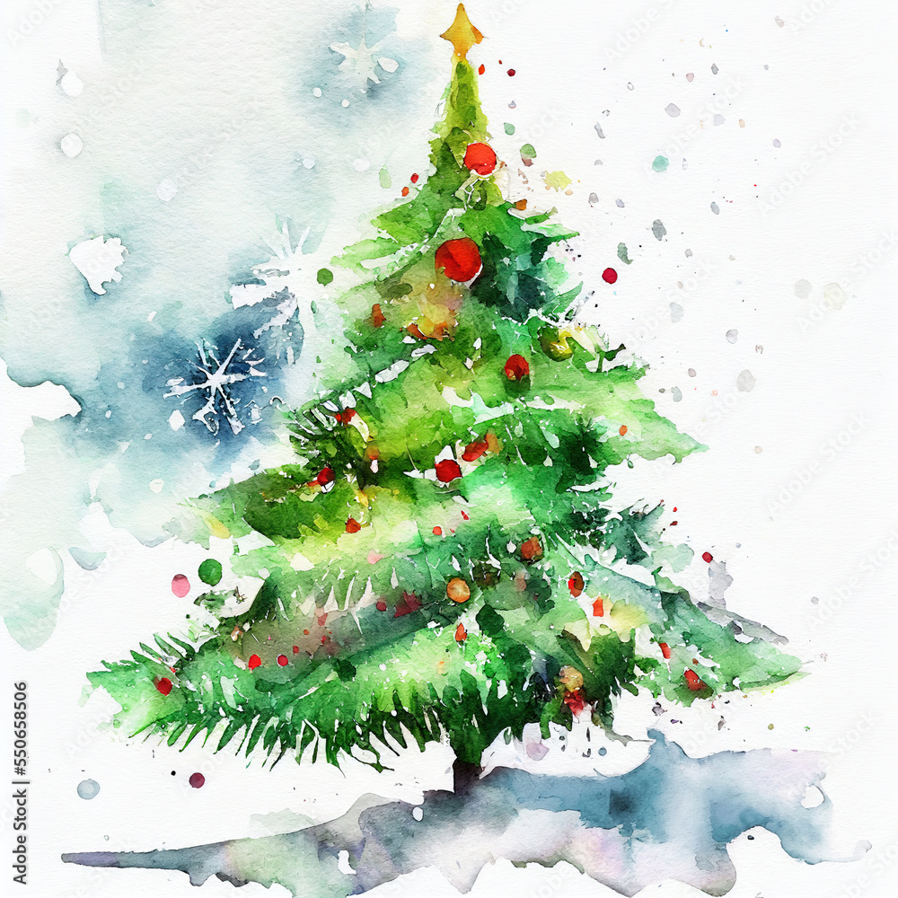 Watercolor Christmas tree with toys. Holiday illustration. generative art