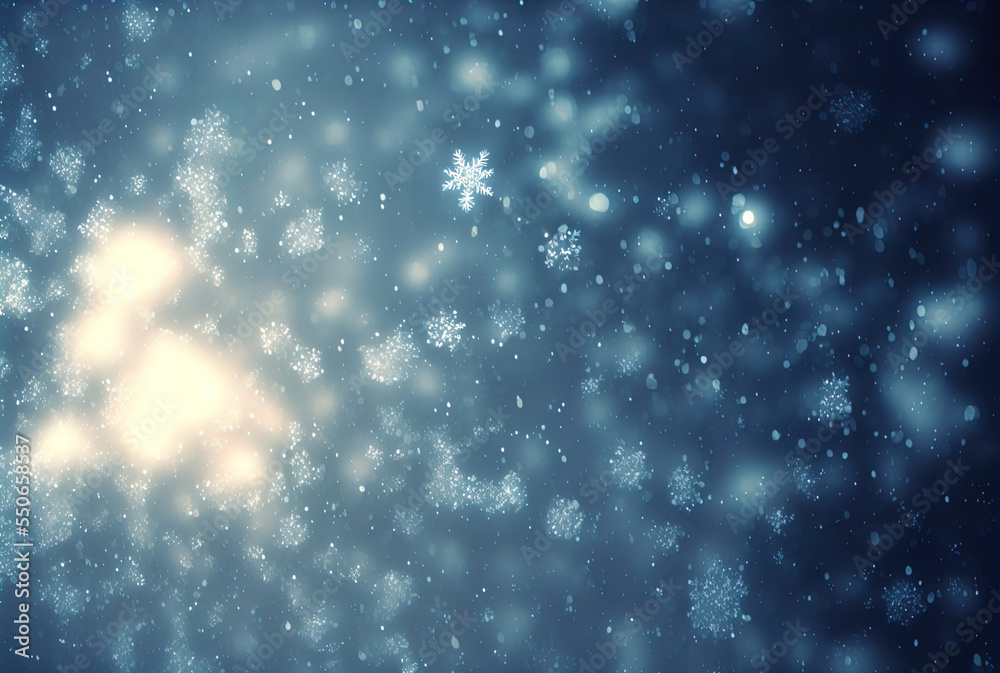 Fototapeta premium Blurry background of snowflakes with bokeh. Perfect for cards, posters and more.
