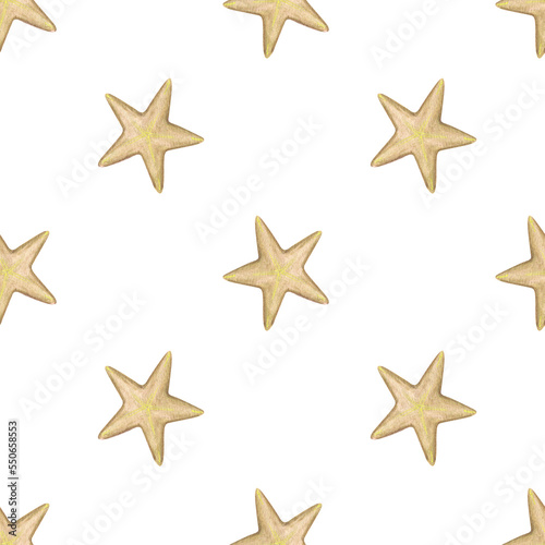 Vintage watercolor seamless pattern with golden snowflakes and stars. Isolated on white background.