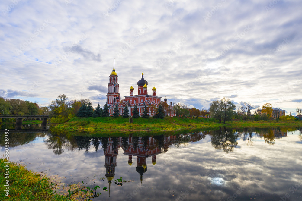 Cathedral of the Resurrection of Christ with belfry on the river Polist in the ancient Russian city of Staraya Russa
