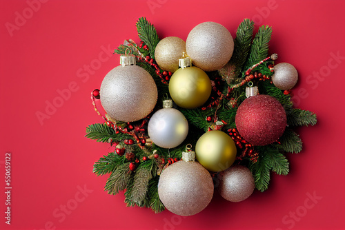 Christmas background, balls red, white, yellow lying near garland, decorations. Empty space