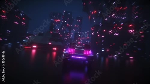 This Stock Motion Graphics Video shows a Sci-Fi Car Riding in CyberPunk City futuristic background Loop