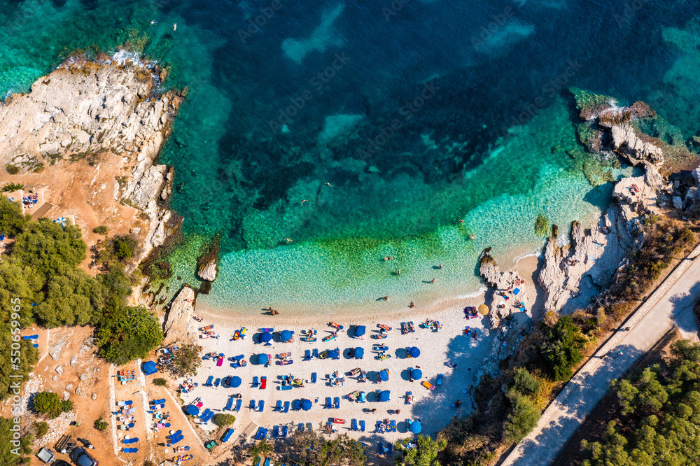 Aerial drone view north east coast with Kanoni, Mpataria and Pipitos beach, Island of Corfu, Greece. Mpataria, Kanoni and Pipitos beach at Corfu Greece during the day.