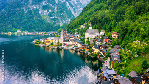 Wallpaper Mural Aerial view of austrian mountain village Hallstatt and Hallstatter lake. Beautiful summer time. Salzkammergut, Austria. Hallstatt village over Hallstatter See, in Salzkammergut, Austria. Torontodigital.ca
