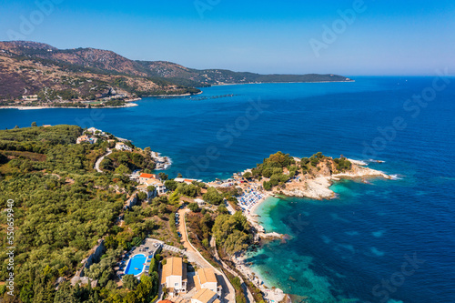 Fototapeta Naklejka Na Ścianę i Meble -  Aerial drone view north east coast with Kanoni, Mpataria and Pipitos beach, Island of Corfu, Greece. Mpataria, Kanoni and Pipitos beach at Corfu Greece during the day.