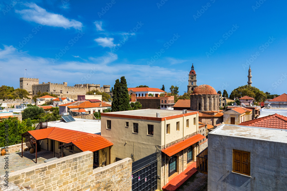 Panoramic view of Rhodes old town on Rhodes island, Greece. Rhodes old fortress cityscape. Travel destinations in Rhodes, Greece.