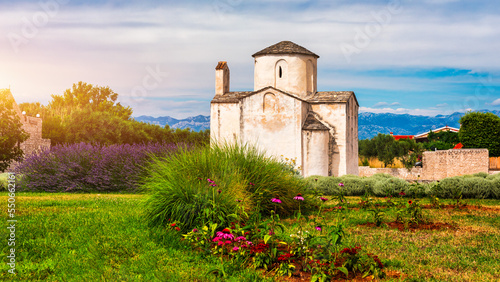 Fototapeta Naklejka Na Ścianę i Meble -  Nin town and Church of the Holy Cross is a Croatian Pre-Romanesque Catholic church originating from the 9th century in Nin, Croatia