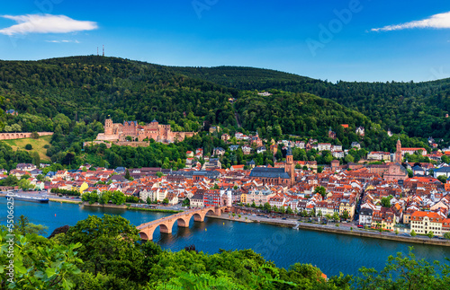Landmark and beautiful Heidelberg town with Neckar river  Germany. Heidelberg town with the famous Karl Theodor old bridge and Heidelberg castle  Heidelberg  Germany.