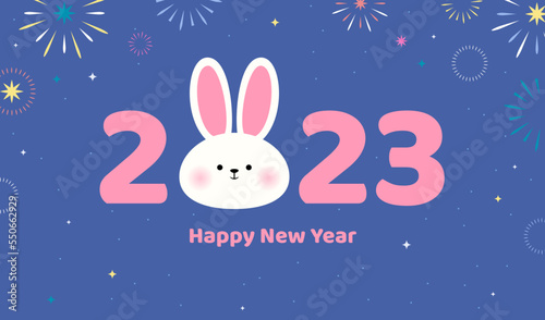 Happy New Year 2023 greeting card vector illustration. Cute white rabbit with fireworks on purple background..