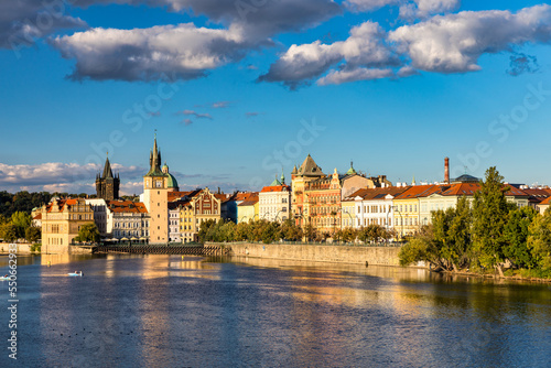 Old Town of Prague in Czechia. Prague, Czech Republic. Vltava River and old buildings across the river. Concept of world travel, sightseeing and tourism.
