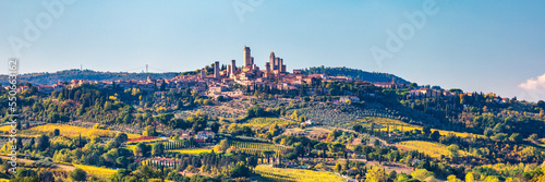 Town of San Gimignano, Tuscany, Italy with its famous medieval towers. Aerial view of the medieval village of San Gimignano, a Unesco World Heritage Site. Italy, Tuscany, Val d'Elsa.