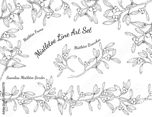 christmas mistletoe line art set  frame and seamless border liner drawing