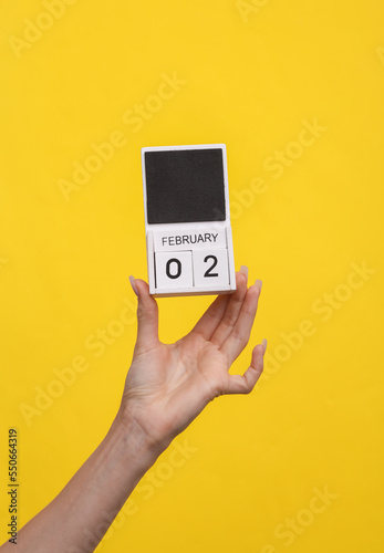 Female hand holding wooden calendar with date February 02 on yellow background
