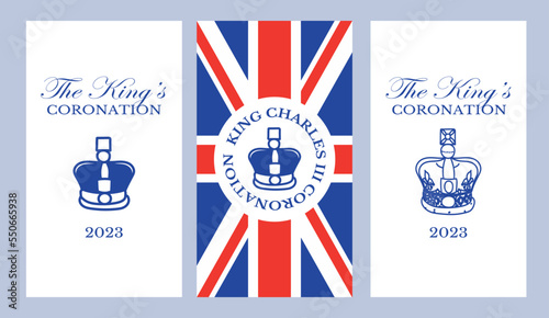 Poster for King Charles III Coronation with British flag vector illustration. Greeting card for celebrate a coronation of Prince Charles of Wales becomes King of England.  photo