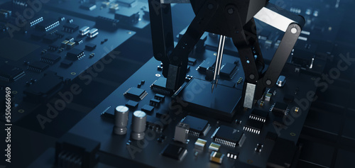 A robotic arm assembles chips on a circuit board.  3D illustration on technology and industrial production