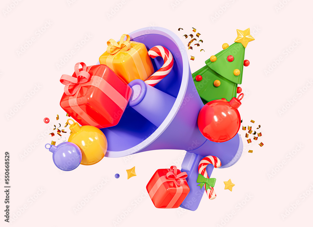 Obraz premium 3D Merry Christmas and Happy New Year sale promotion banner. Megaphone with gift box, decor ball and Christmas tree. Holiday promo. Xmas shopping. Cartoon creative design illustration. 3D Rendering